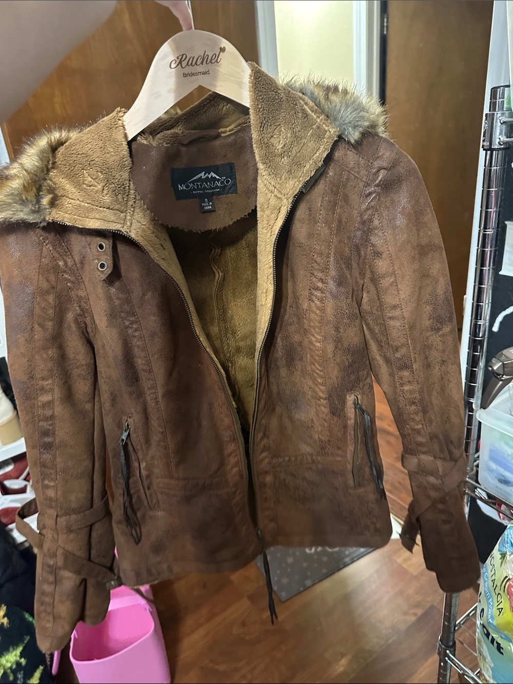 Montanaco Women's Brown Faux Suede Faux Fur-Trim Jacket